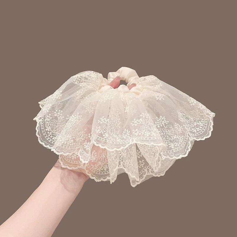 法式米色蕾丝手工发绳大肠发圈女气质扎马尾头花高级感丸子头发饰