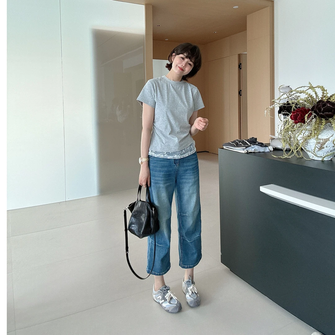 夏季高腰洋气显瘦宽松褶皱设计感百搭九分弯刀牛仔裤