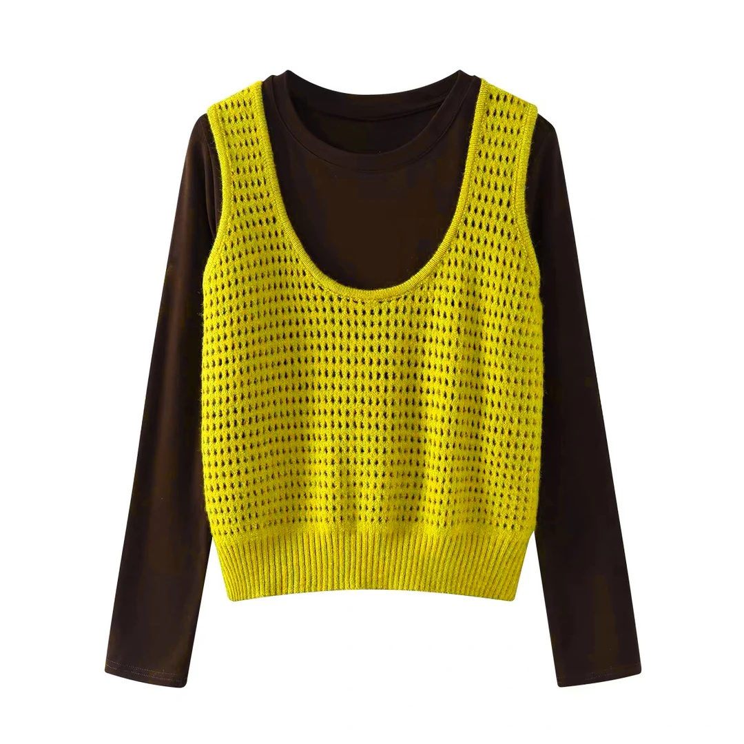 女毛针织衫秋季咖色打底衫宽松镂空针织上衣两件套显瘦宽松