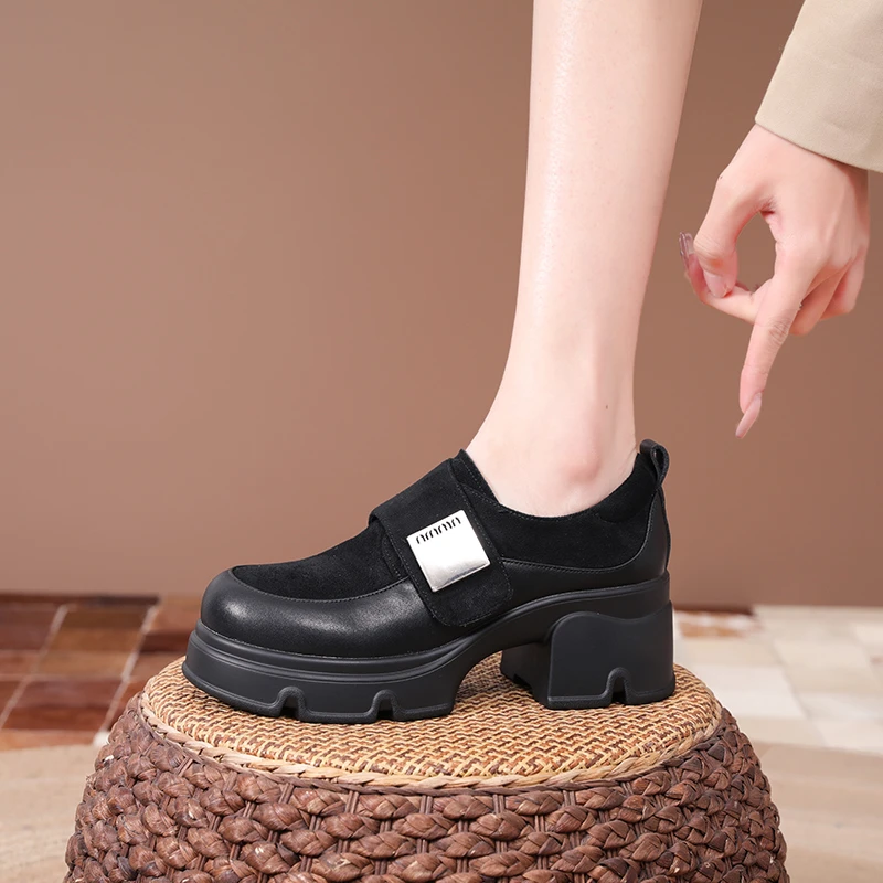 真皮小个子增高乐福鞋女厚底2025春款英伦风粗跟单鞋魔术贴高跟鞋