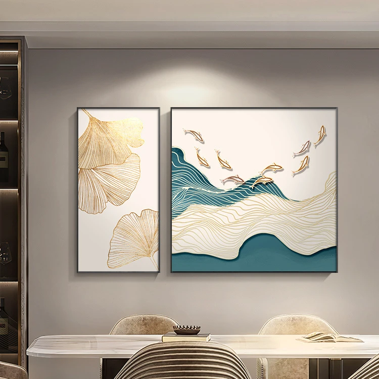 浮雕画客厅装饰画新中式九鱼图两联画现代简约沙发背景墙挂画