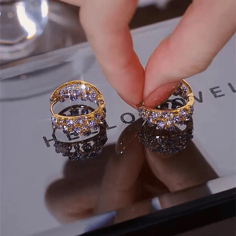 铜合金锆石耳饰 紫色满钻耳环女爆款耳圈小众独特时尚耳钉高级感