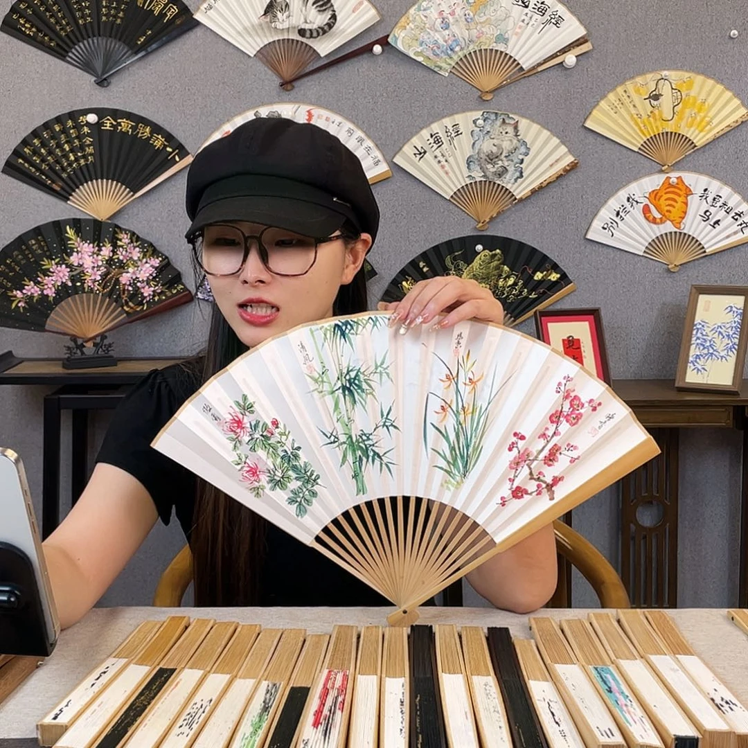 国画95寸玉竹-纯手绘-文玩扇骨（默认粘好）