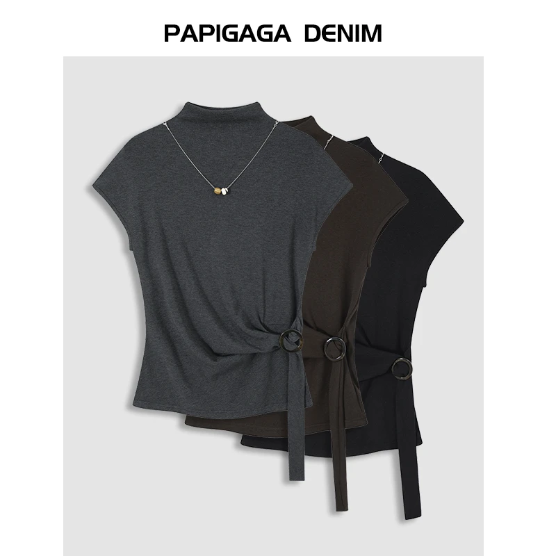 【宋妍专属】2025年秋季新款半高领系带收腰短袖T恤衫OS11897