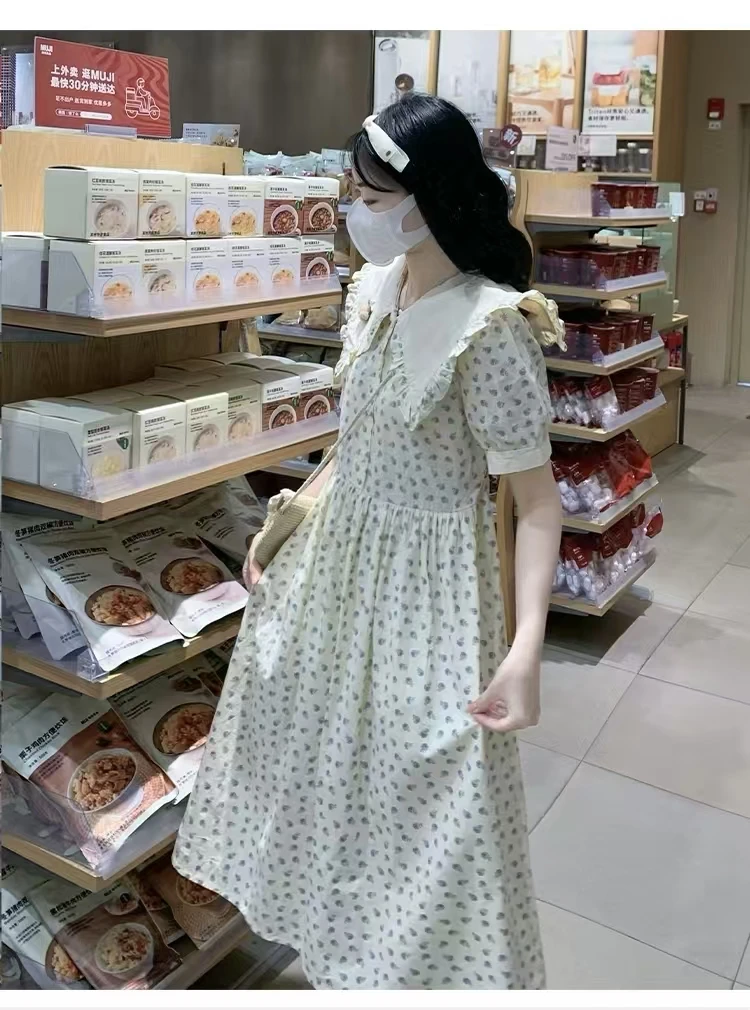 8667学院风樱桃碎花纯色女连衣裙宽松连衣裙法式泡泡袖