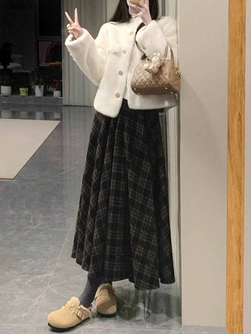 美拉德复古格子半身裙女秋冬新款胖妹妹mm高腰遮胯显瘦a字长裙子