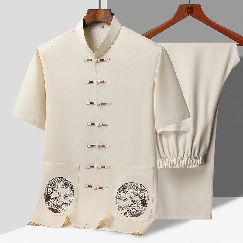 中老年人汉服男冰丝套装夏季短袖唐装中国风男装爸爸夏装爷爷衣服