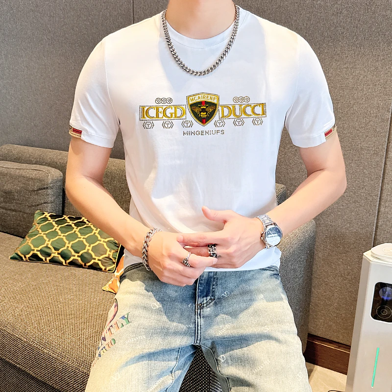 【品牌定制】2025夏季新款丝光棉新盾牌蜜蜂刺绣男士T恤
