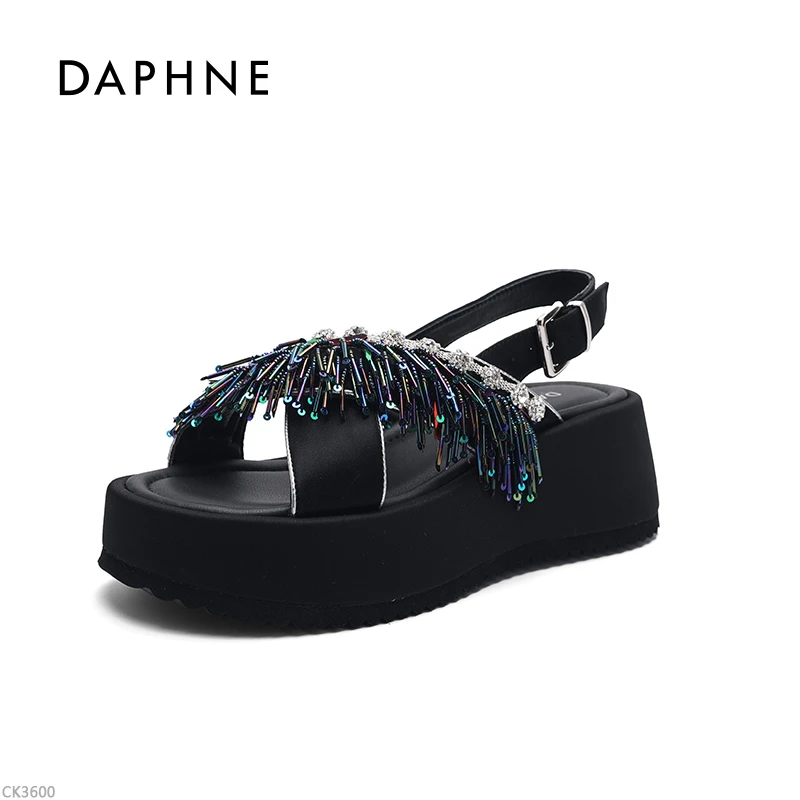 达芙妮2025新款一脚蹬纯色线缝流苏凉鞋时装凉鞋厚底外穿幂式穿搭