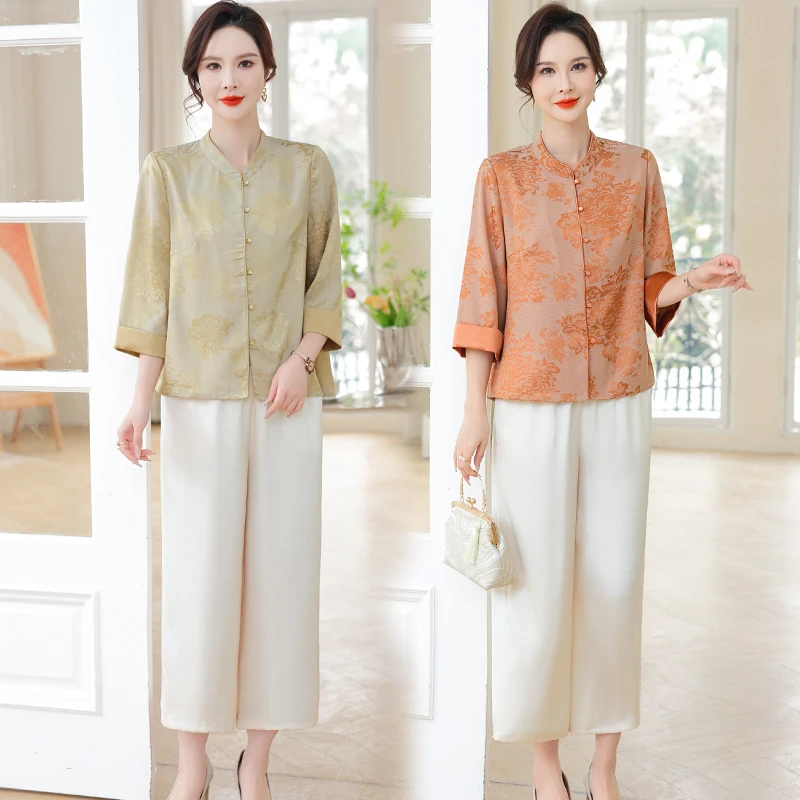 母亲节时尚气质中老年女装七分袖衬衫春夏季洋气开衫宽松上衣套装