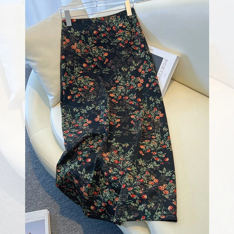 碎花开叉中长款半身裙女薄款2025秋季高腰百搭A字裙大摆大裙摆