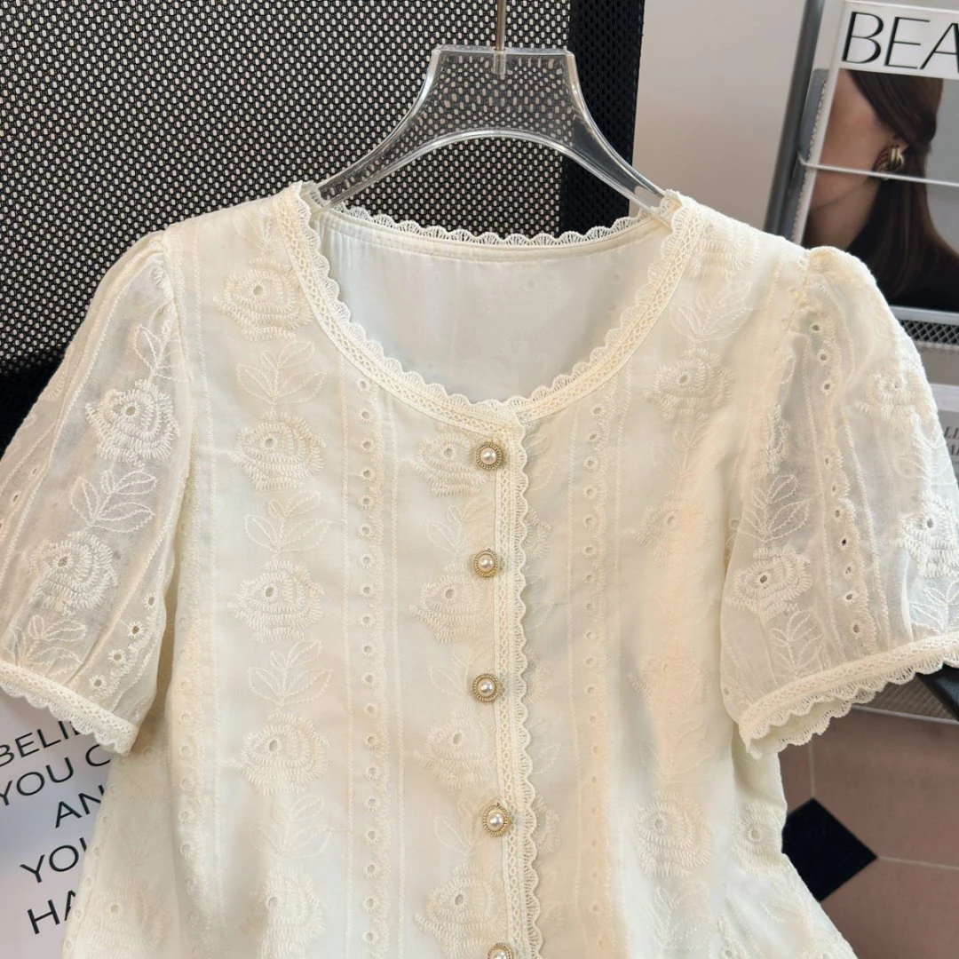 法式小香风短袖蕾丝衬衫女上衣2025新款夏小个子时尚洋气时髦小衫
