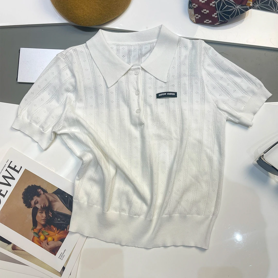 【天丝亚麻】港式复古POLO衫针织短袖夏季学院风气质百搭镂空T恤女