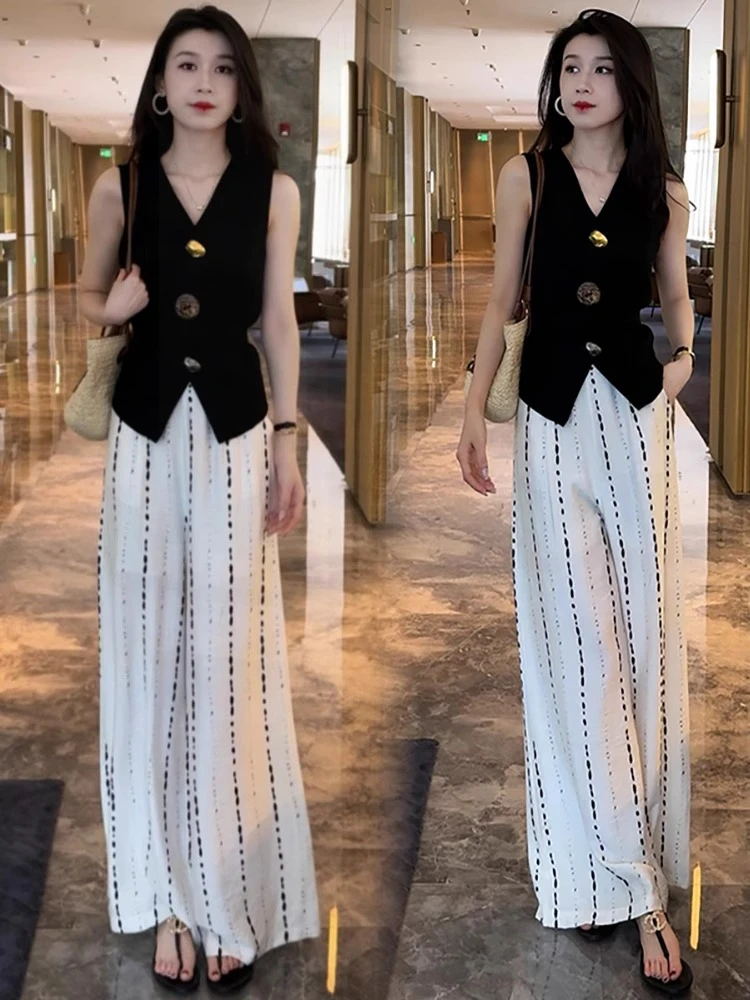 时尚套装女2025夏季新款洋气显瘦高级感马甲阔腿裤休闲减龄两件套