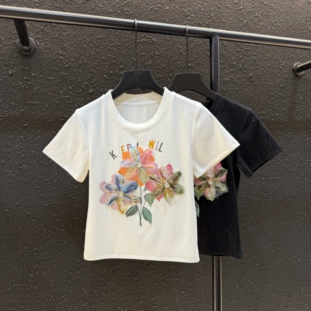 夏季圆领印花字母正肩T恤收腰显瘦辣妹高腰短款短袖上衣女潮730#