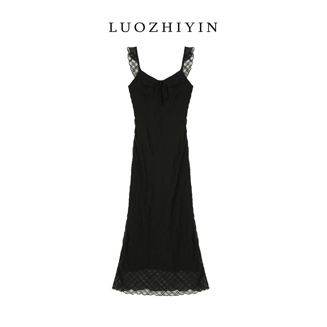 LUOZHIYIN/罗知音R123144W纯色格纹连衣裙套头女装黑色女士裙子
