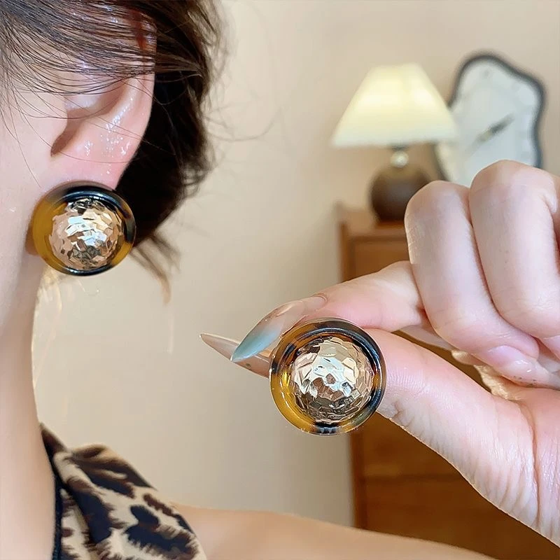 港风复古豹纹圆形金属耳钉女小众设计高级感百搭耳环时尚气质耳饰