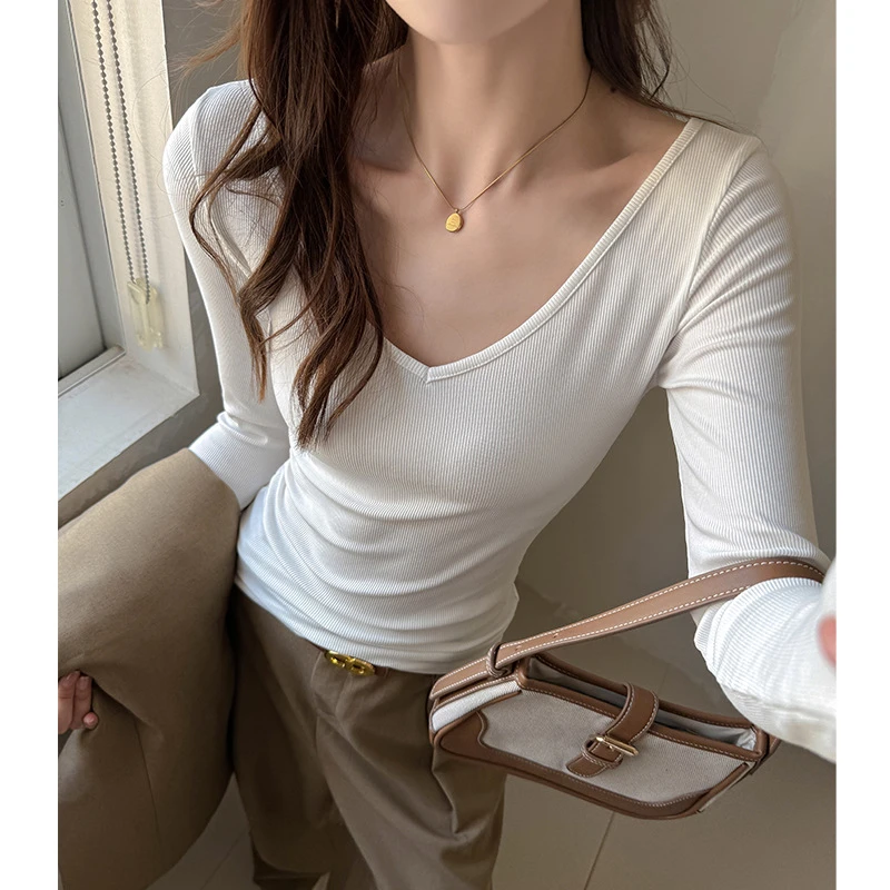 新品法式天丝螺纹大V领长袖白色女内搭秋季春秋显瘦正肩上衣t恤