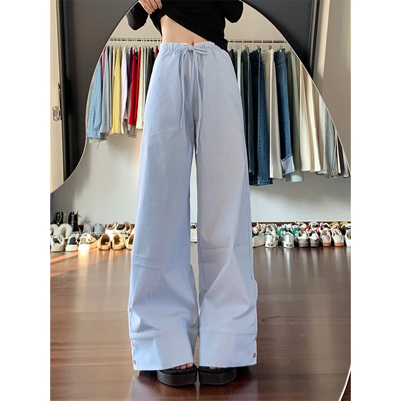 艾格复古低腰条纹宽松阔腿裤女夏2025新款蕾丝花边慵懒垂感休闲裤