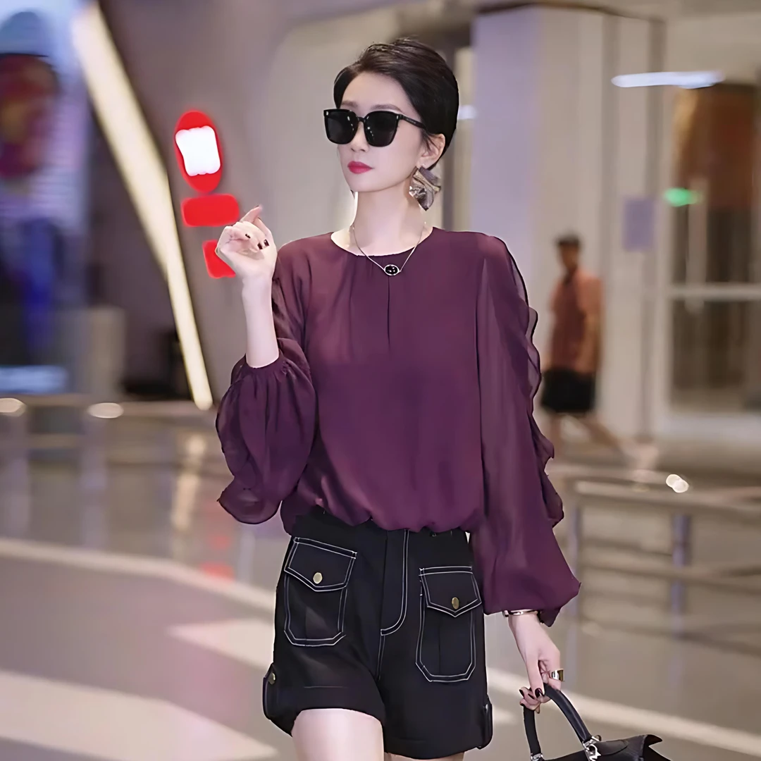 法式复古荷叶袖紫色雪纺衬衫女2025早秋新款时尚减龄圆领套头上衣
