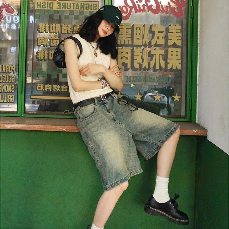美式高街复古水洗做旧牛仔短裤女春夏季宽松百搭阔腿裤五分裤中裤