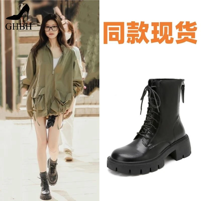 许我耀眼赵露思许妍同款厚底马丁靴2025内增高系带机车靴女短靴子