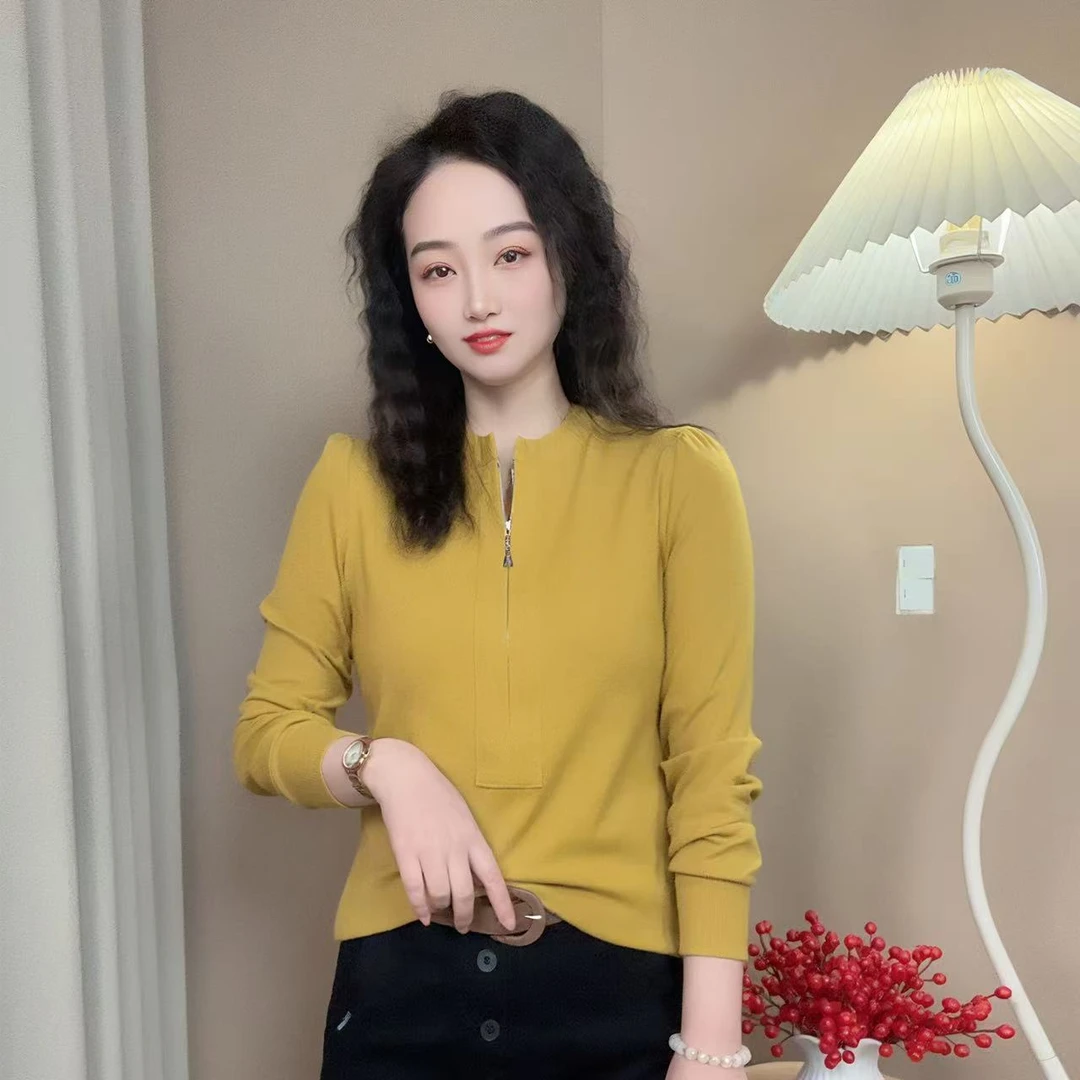 春季新款简约圆领半拉链长袖T恤显瘦百搭纯色女装棉t上衣