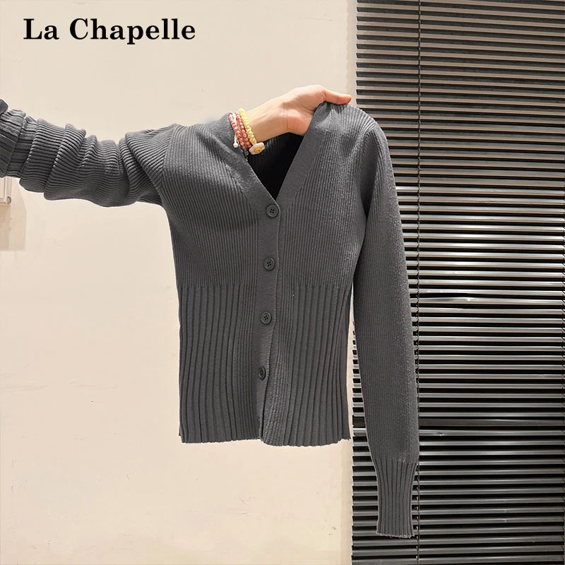 拉夏贝尔原宿风坑条纽扣针织V领长袖开衫女秋季高级感气质小上衣