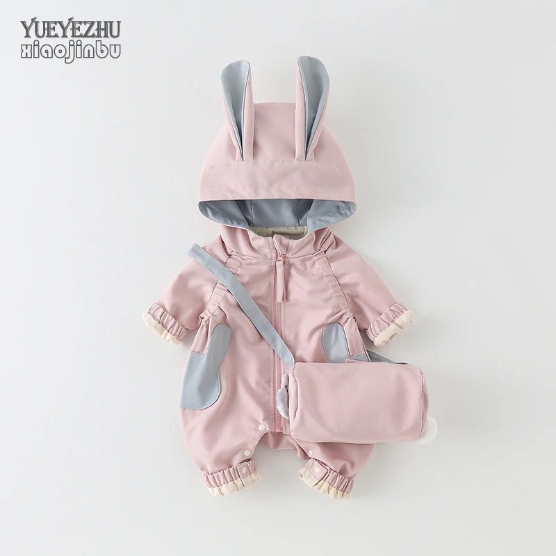 女宝宝冲锋衣连体衣秋装长袖双层婴儿衣服春秋套装洋气连帽外套潮