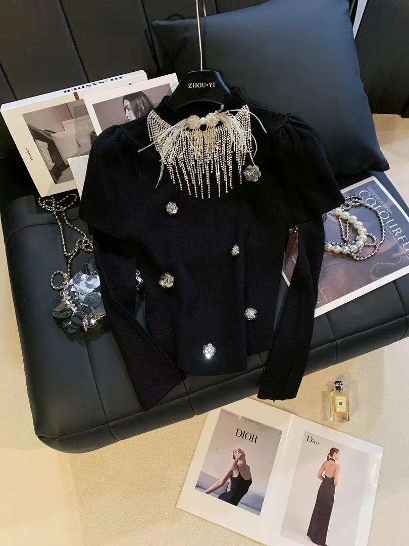 ZHOUYI/周一 早秋2025新款两件套流苏银花圆领短袖设计感套袖上衣