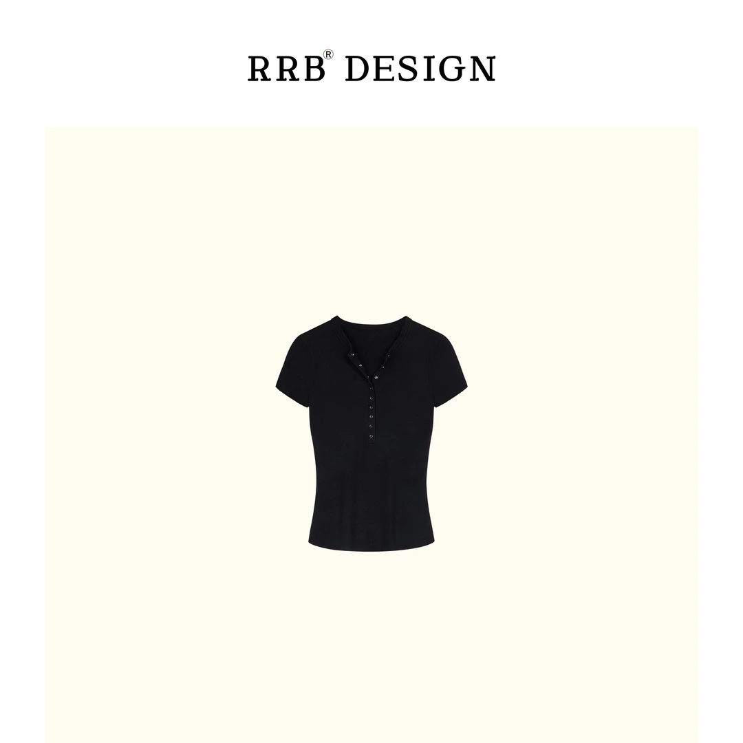 RRB Design「缪斯女士」亨利领纯色排扣修身显瘦百搭短袖上衣