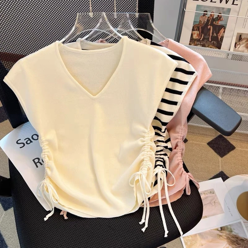 【1351-1400】冰丝针织短袖女夏款设计感小众紧身修身显瘦薄款上衣