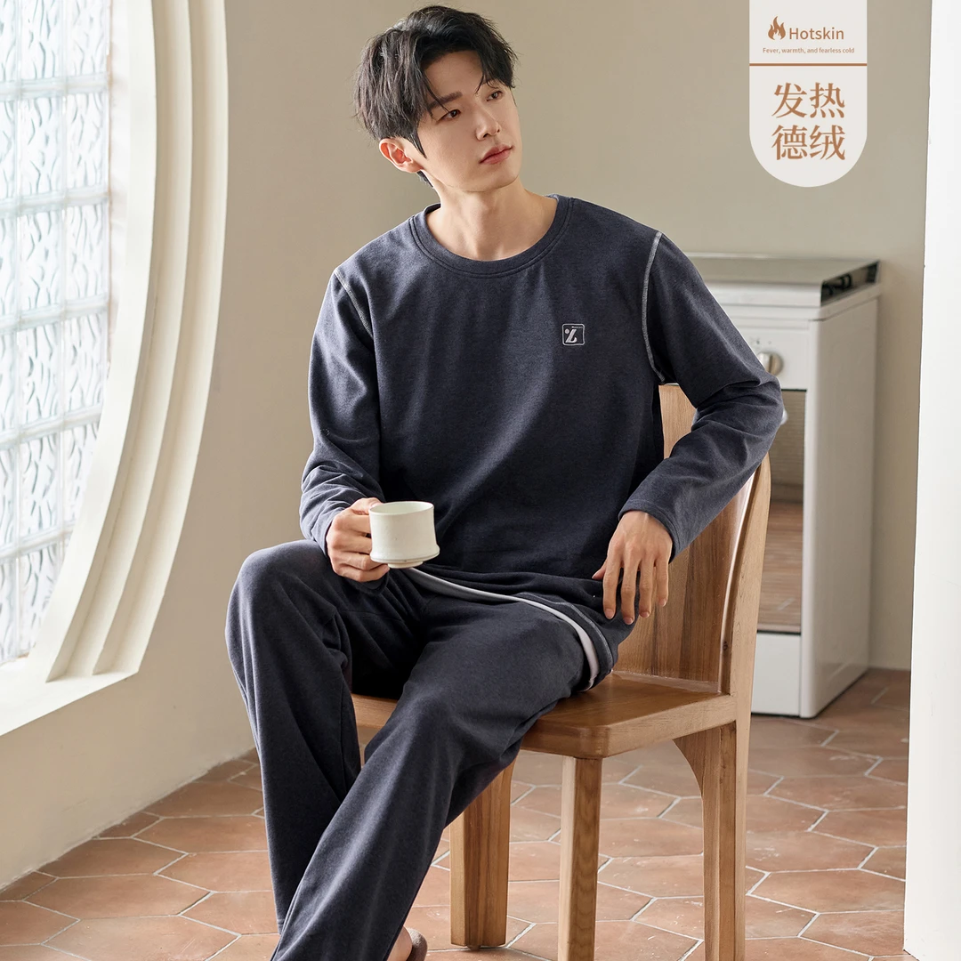 男士德绒睡衣2025秋冬季新款长袖长裤保暖圆领家居服可外穿两件套