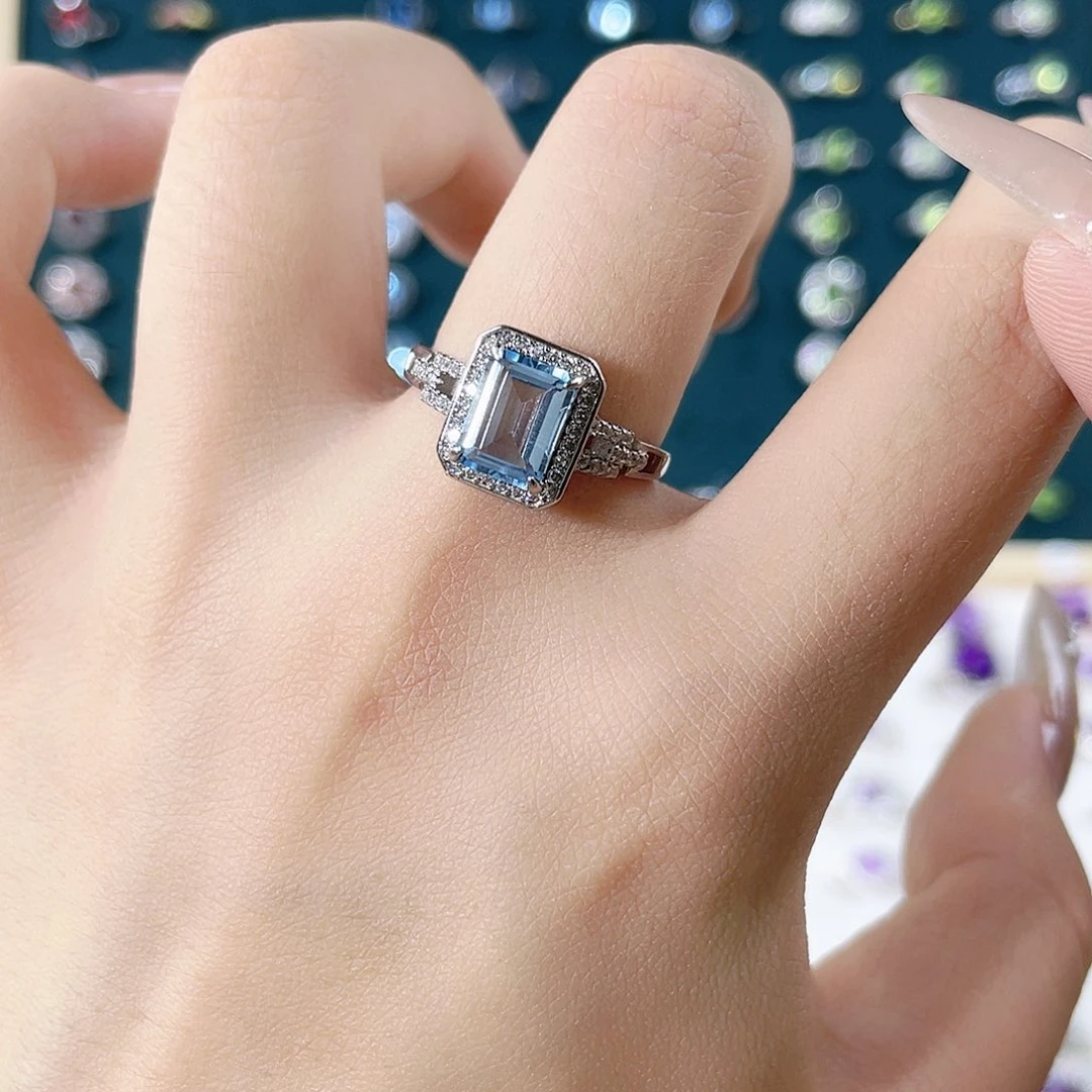 托帕石戒指银S925镶嵌9号圈口换深蓝