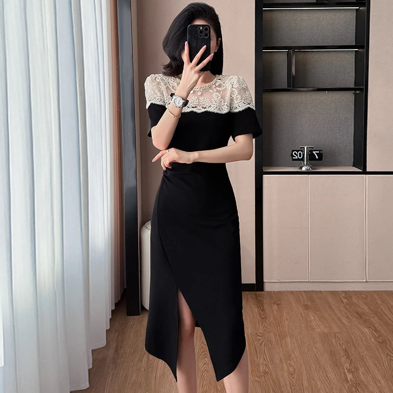法式蕾丝拼接开叉连衣裙女2025年夏季新款洋气收腰遮肉短袖中长裙