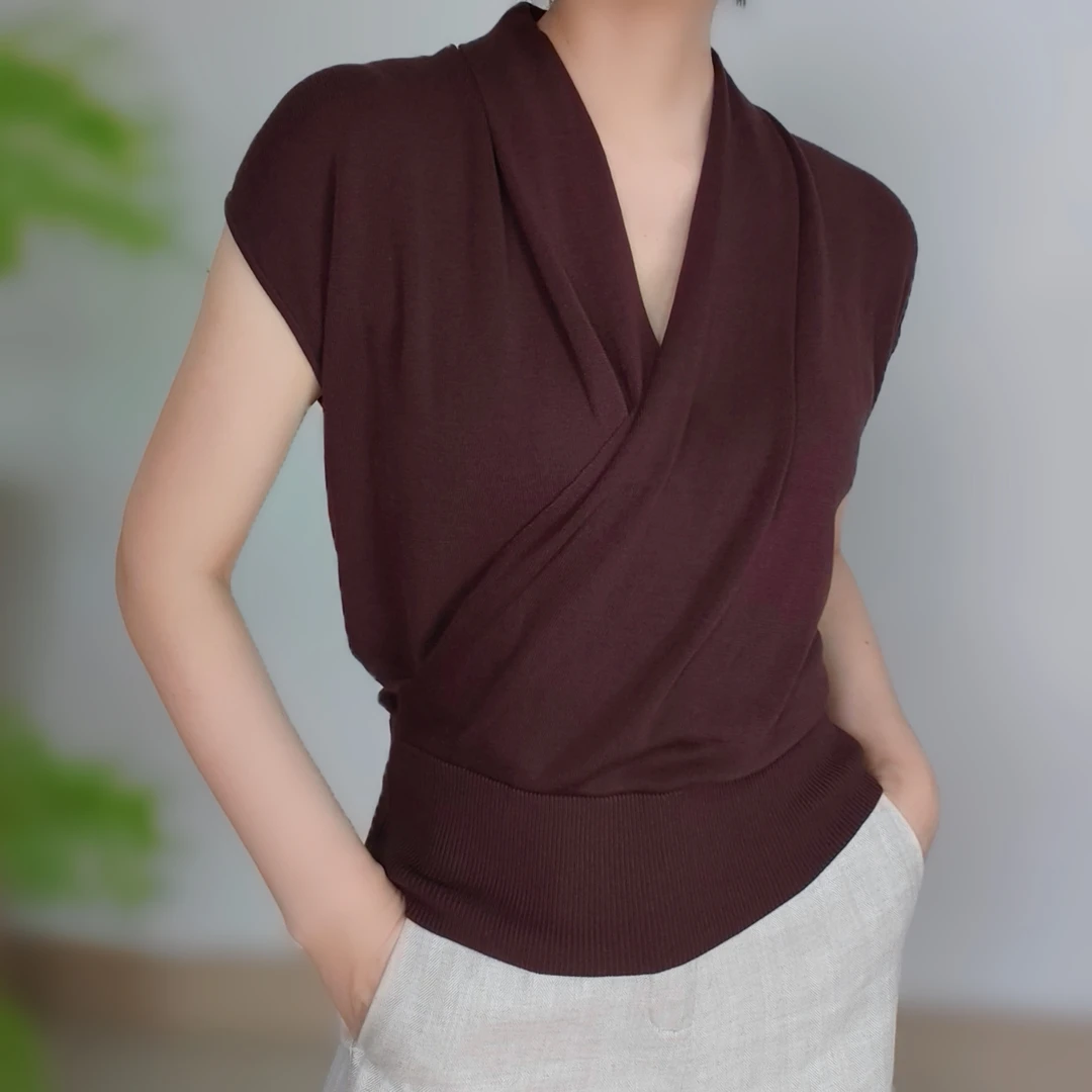 G 交叉领包袖莱赛尔修身套头针织衫纯色休闲百搭优雅时尚显气质