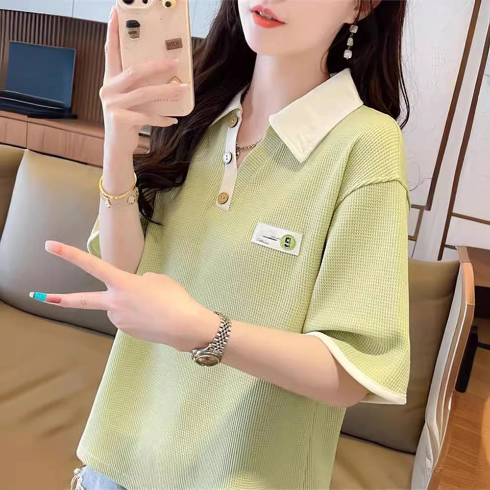 大码华夫格假两件polo领短袖t恤女2024夏季新款韩版宽松半袖上衣