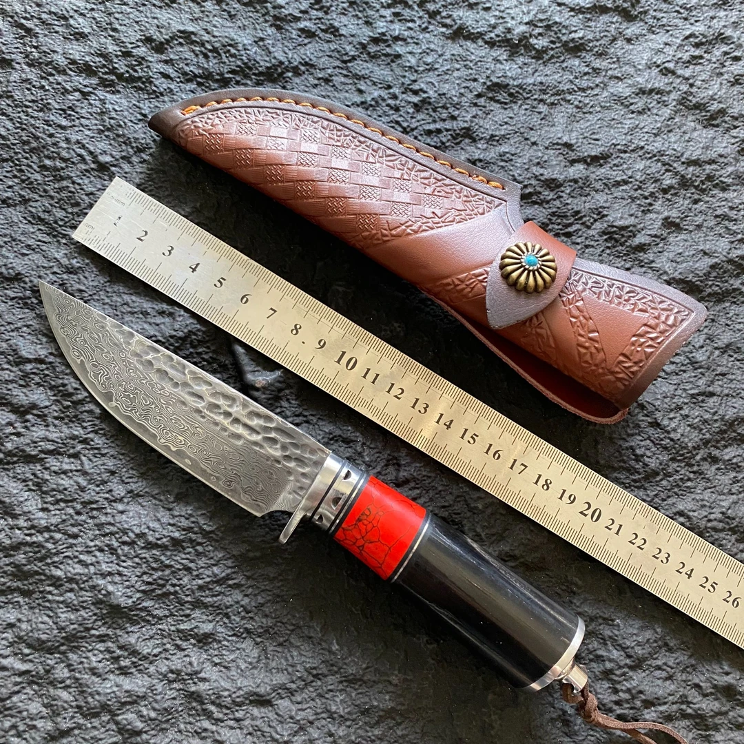 （新疆包邮）红将大马士革VG10高硬度手工牛角户外锋利高颜值水果刀
