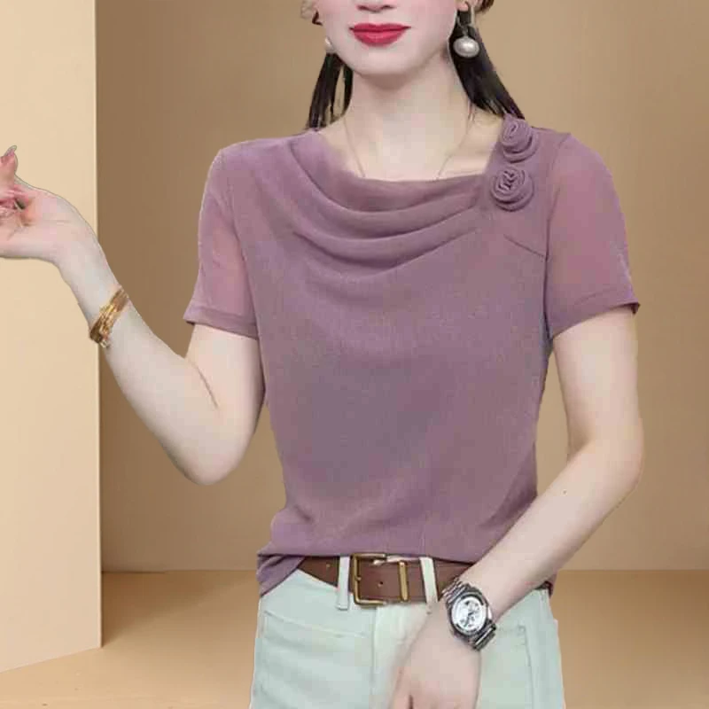 2025夏季新款时尚短袖T恤显瘦小衫女洋气减龄时尚弹力网纱上衣服