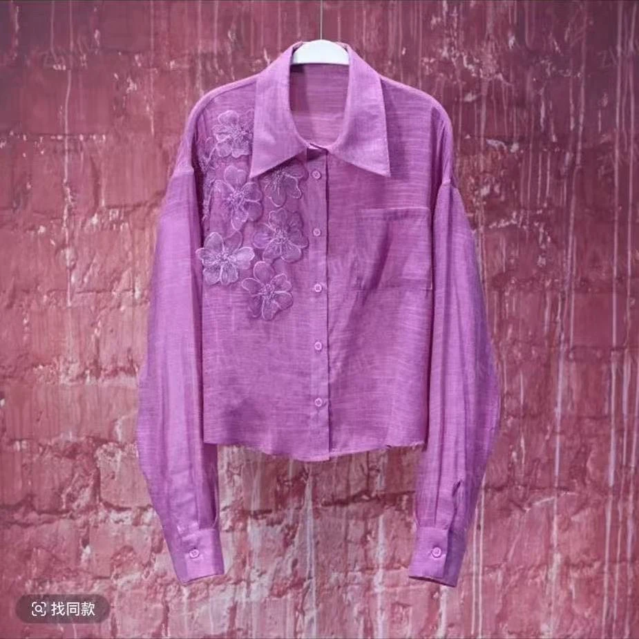 2025夏轻薄透气冰凉豆蔻紫立体定花时尚休闲衬衫9615