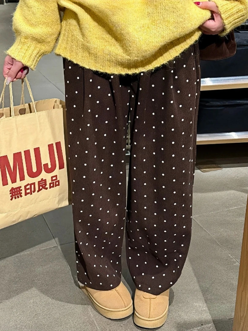 棕色波点灯芯绒裤子女秋冬大码胖妹妹梨型身材宽松直筒阔腿休闲裤