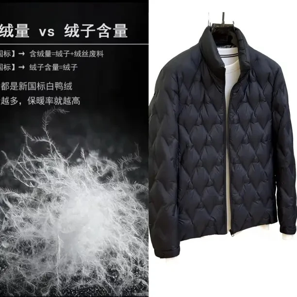2025秋冬90白鸭绒时尚轻奢立领老钱羽绒服男士简约菱形格保暖外套