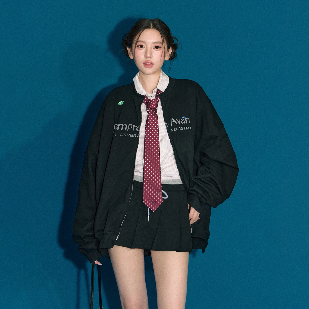 OIOI ESSE｜美式复古印花拉链长袖卫衣外套女秋时尚宽松圆领上衣