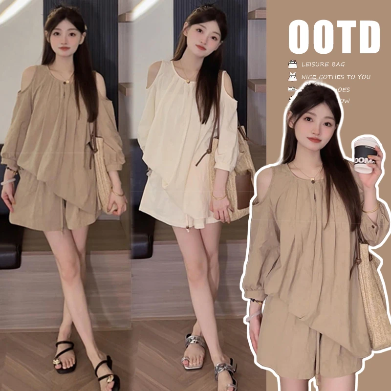 Y1922#3.16新款夏装孕妈妈气质显瘦露肩七分袖套装