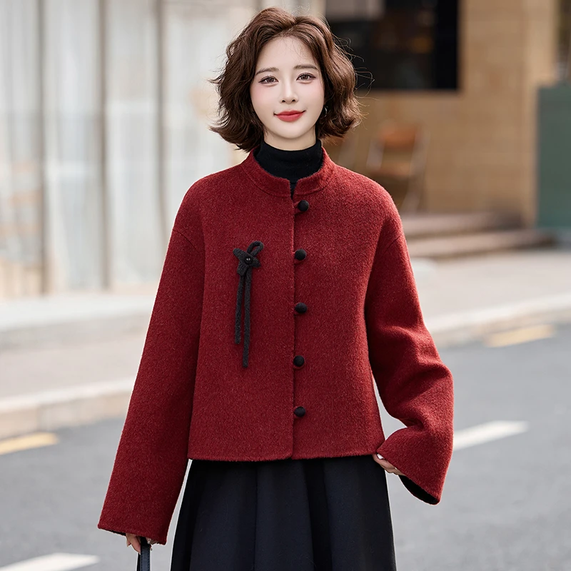 撞色双面呢羊毛大衣女2025春秋新款小个子高级感国风复古毛呢外套