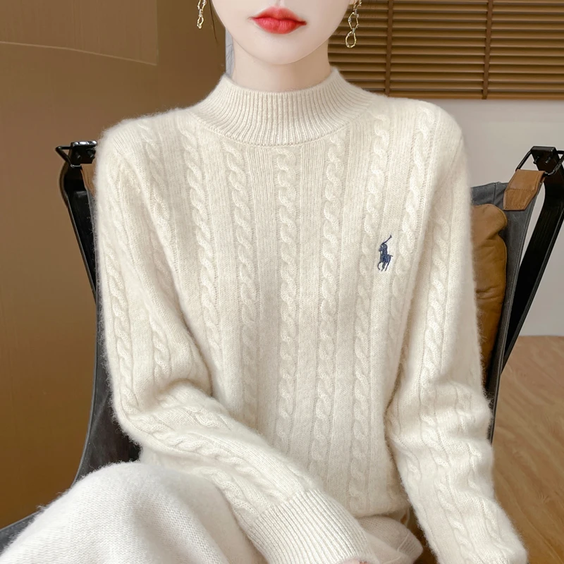 漂亮又百搭~秋冬新款半高领扭花刺绣羊毛衫女时尚长袖毛衣