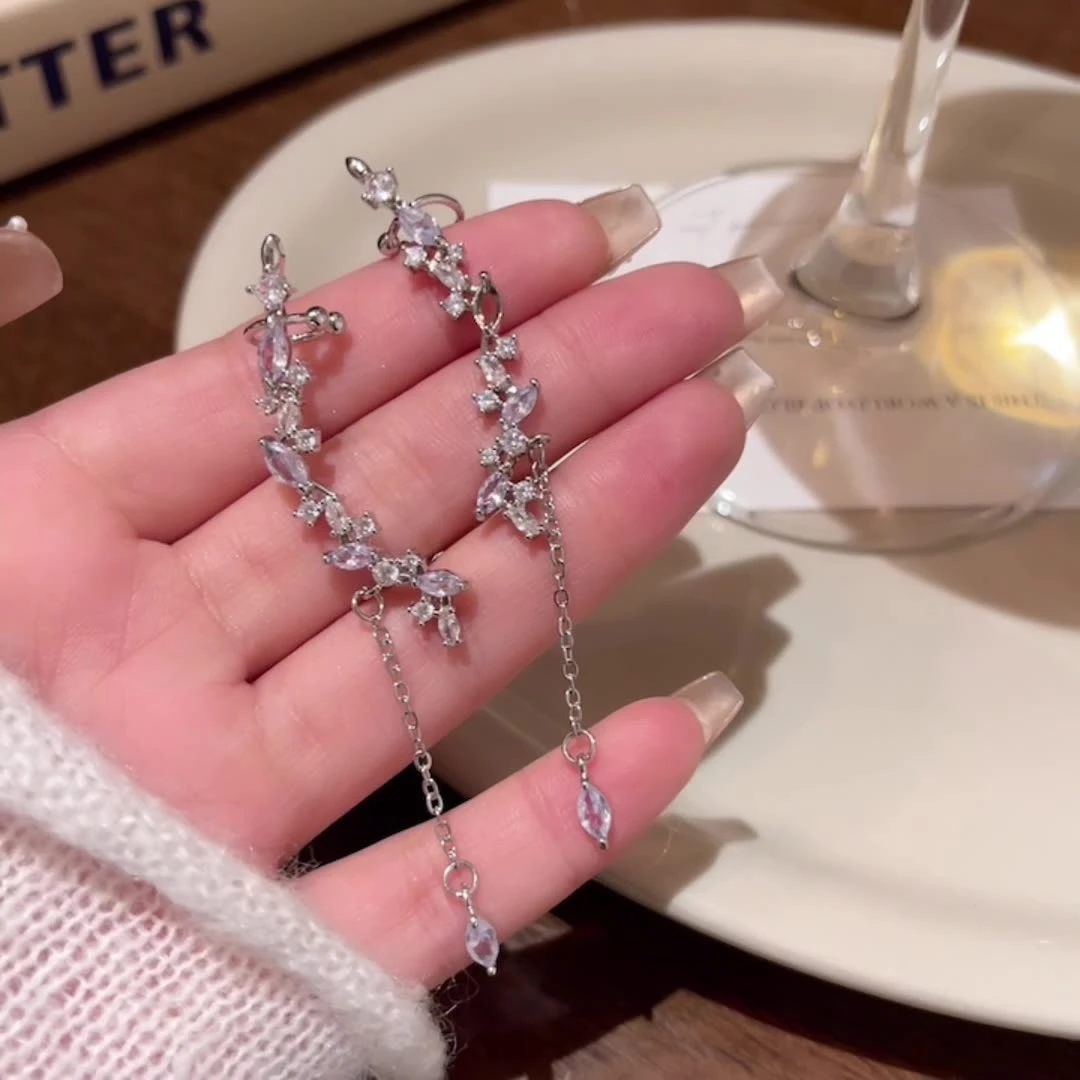 合金锆石耳饰 轻奢简约少女风长款流苏花朵耳钉耳夹超仙小众耳饰