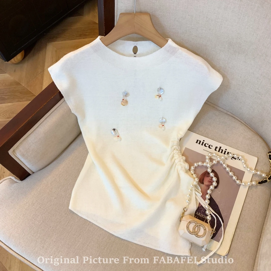 夏季2025新款小众气质后背镂空无袖t恤女不规则抽绳收腰针织上衣