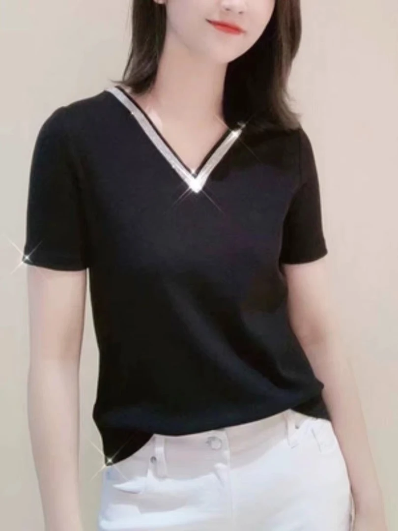 夏季新款树坑条纹T恤女宽松休闲针织