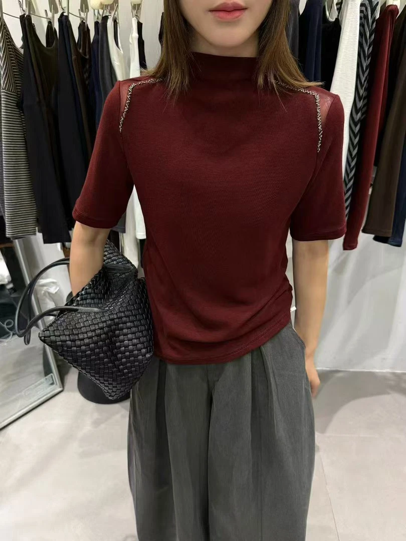 韩版钉珠短袖女士极简风纯色中领打底衫